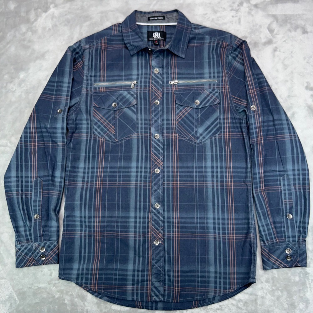 ROCK & REPUBLIC Shirt Men's Small Blue Plaid Roll Tab Long Sleeve Zip Pockets